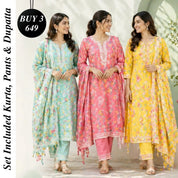 Pack Of 3 Kurta Sets with dupatta Trendy Ethnic Wear